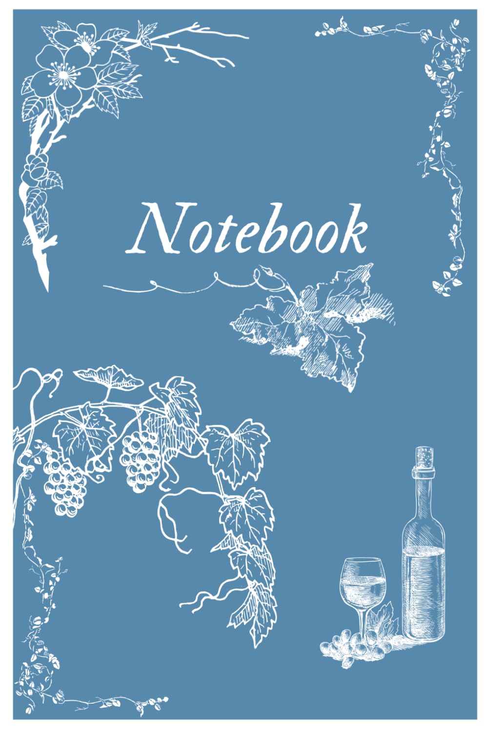 Baby blue wine-themed notebook with elegant grape illustrations on the cover, featuring 122 lined pages, 6"x9" size, perfect for wine lovers and journaling