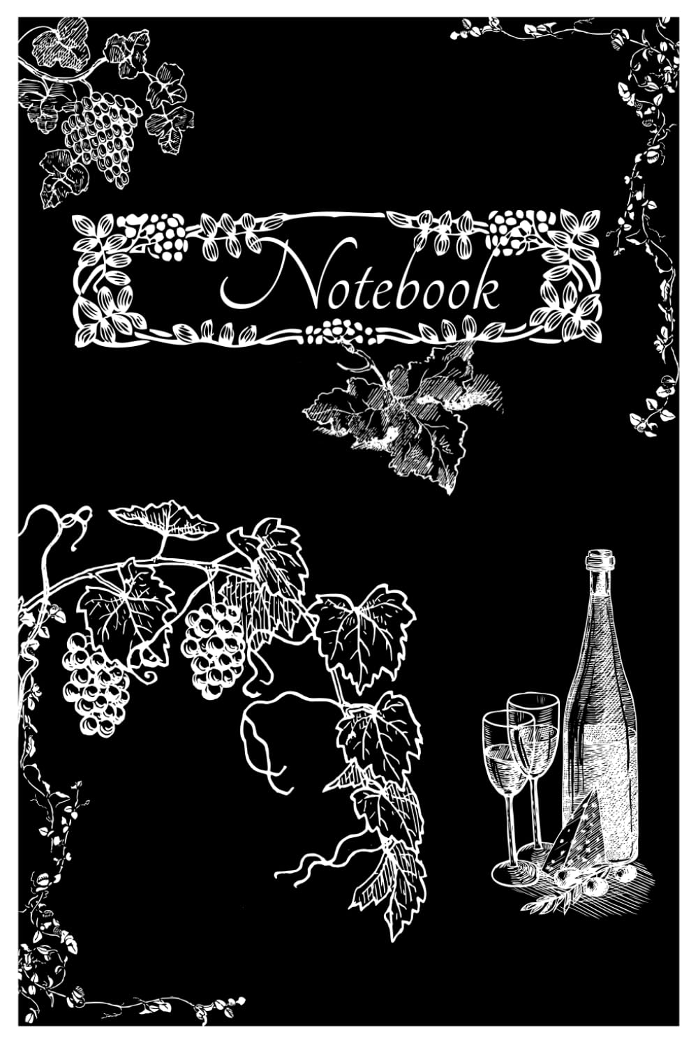 Black and white wine-themed notebook with elegant grape illustrations on the cover, featuring 122 lined pages, 6"x9" size – perfect for wine lovers and journaling.