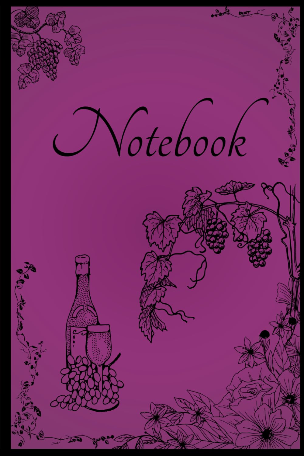 Purple wine-themed notebook with elegant grape illustrations on the cover, featuring 122 lined pages, 6"x9" size – perfect for wine lovers and journaling.