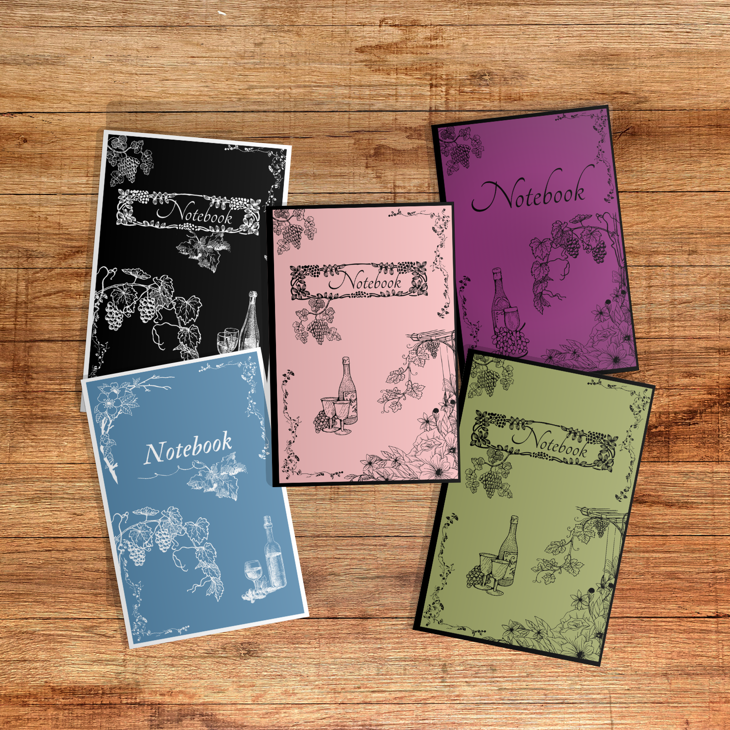 Image of all the different Wine Themed Notebooks